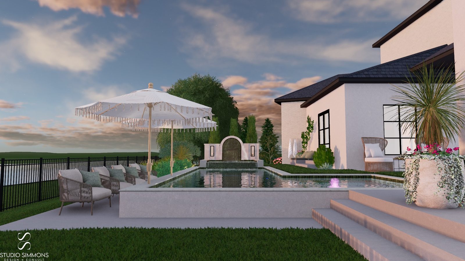 Studio Simmons design render of a raised pool with arched herringbone fountain wall, spa, umbrellas, and lounge seating